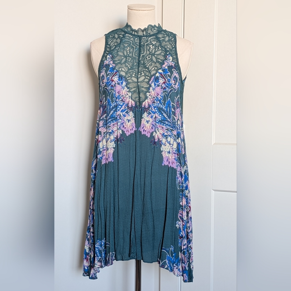 Free People Intimately Marsha Floral Printed Lace Teal Green Slip Mini Dress XS